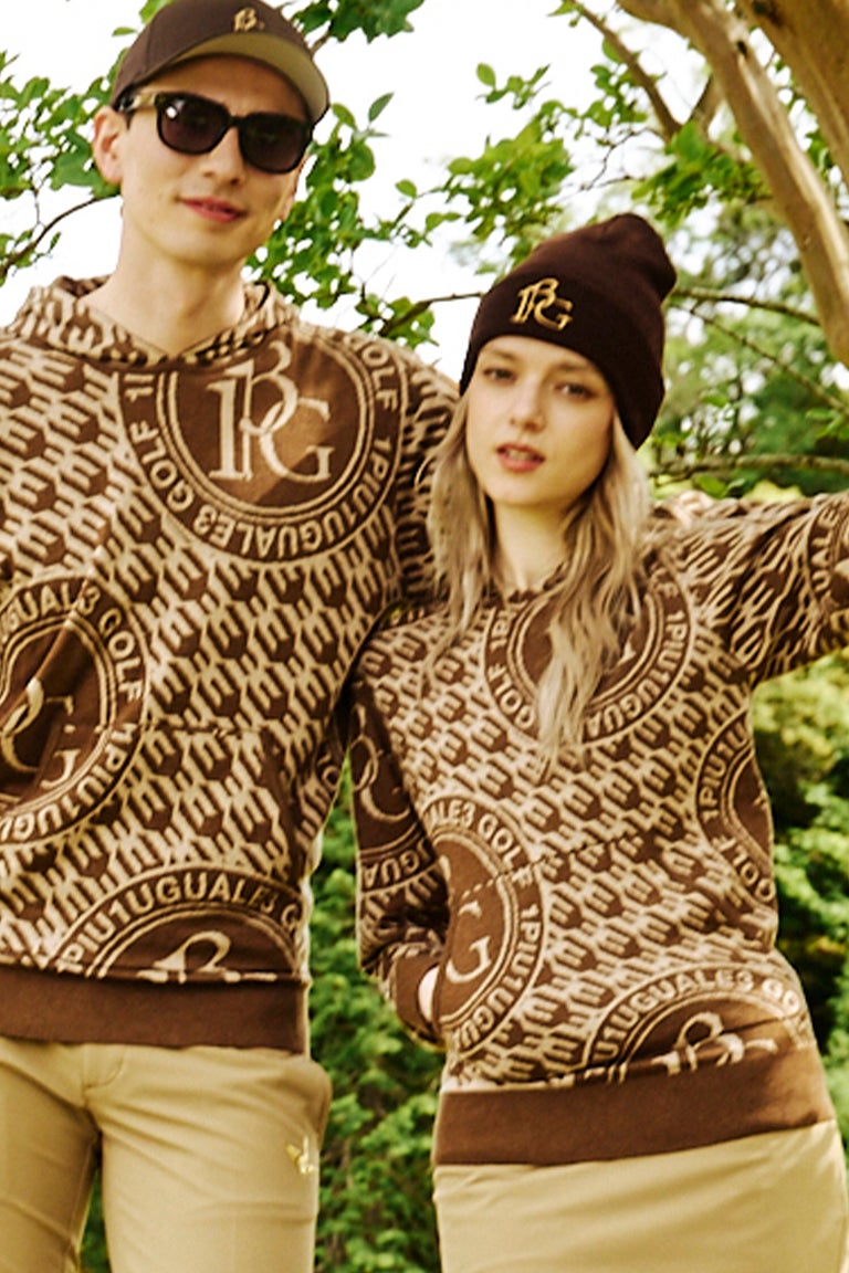 1piu1uguale3 GOLF 総柄　ロゴジャガード　ニットベスト LADIES' BIRD IN CAGE JACQUARD KNIT HOODIE［BROWN］9月入荷予定